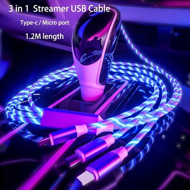 3 in 1 LED Fast Charging Cable Adapter For iPhone Micro USB Type C Charger Cord