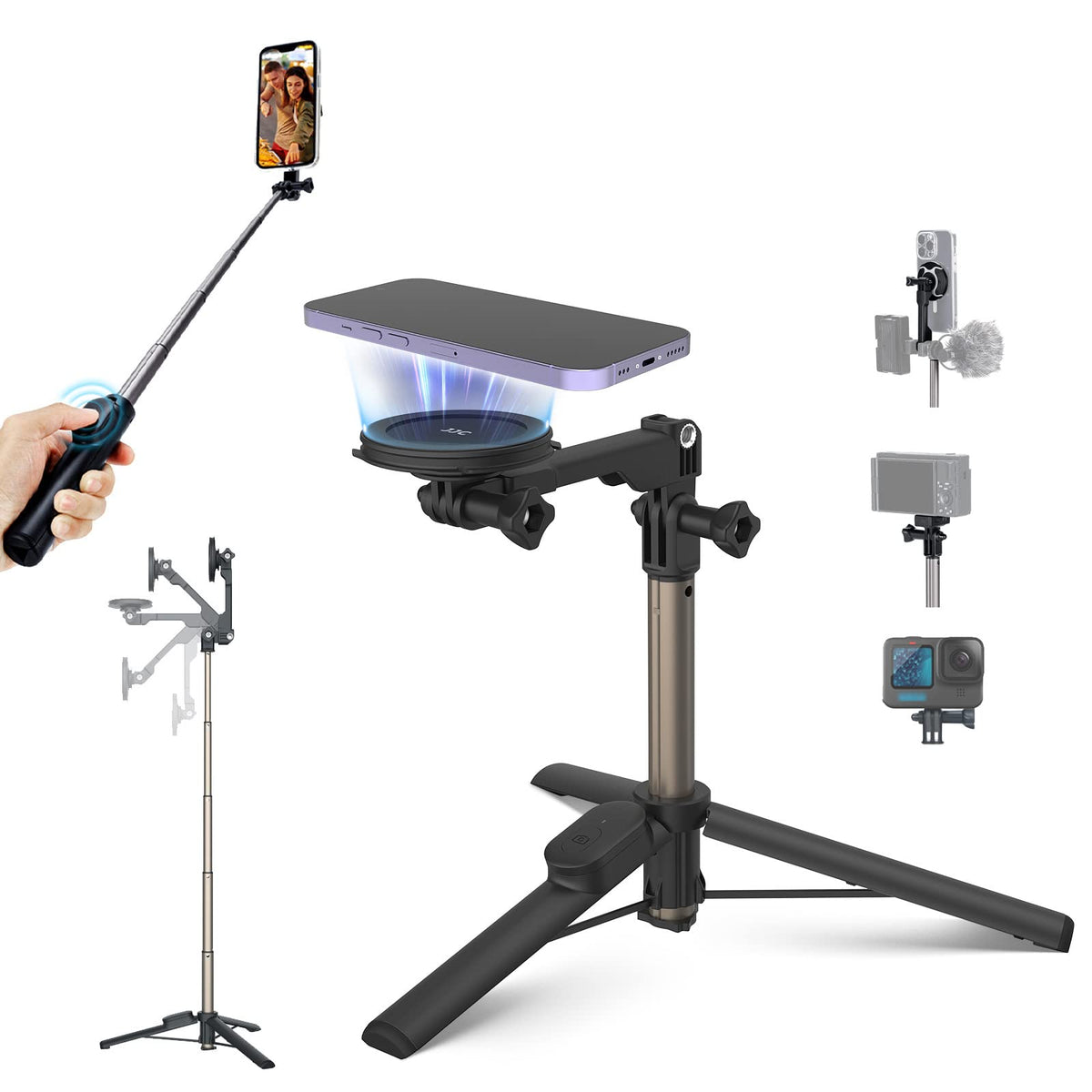 Magnetic Selfie Stick Tripod with RemoteMagnetic Tripod Stand for iPhone 16 15 14 13 12 Pro Max MiniMagnetic Phone Tripod for Magsafe & Android & Compact Camera & GoPro
