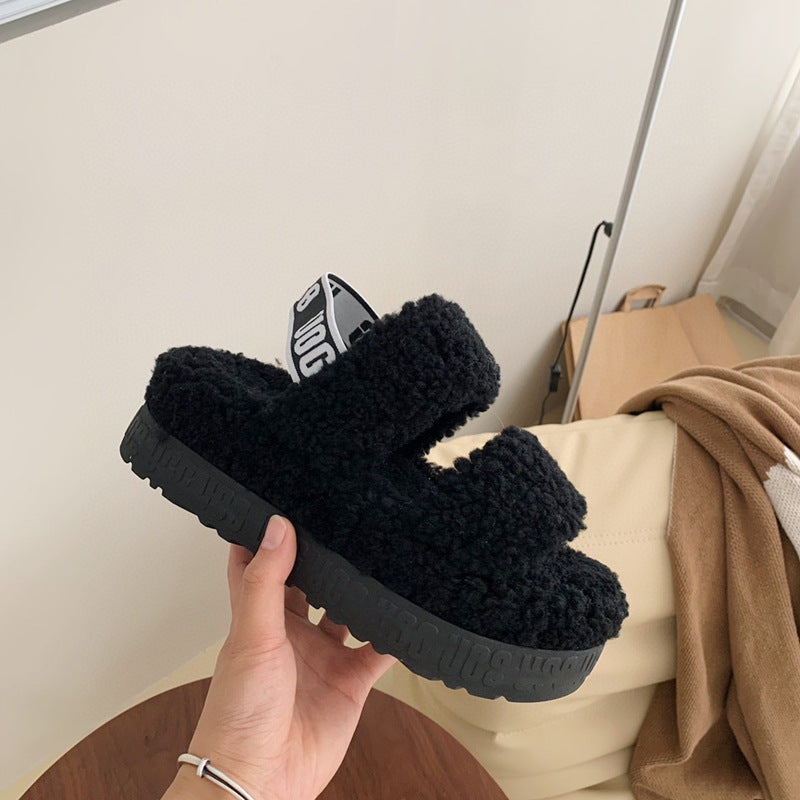 Furry Teddy Wool Sponge Cake Platform Slippers