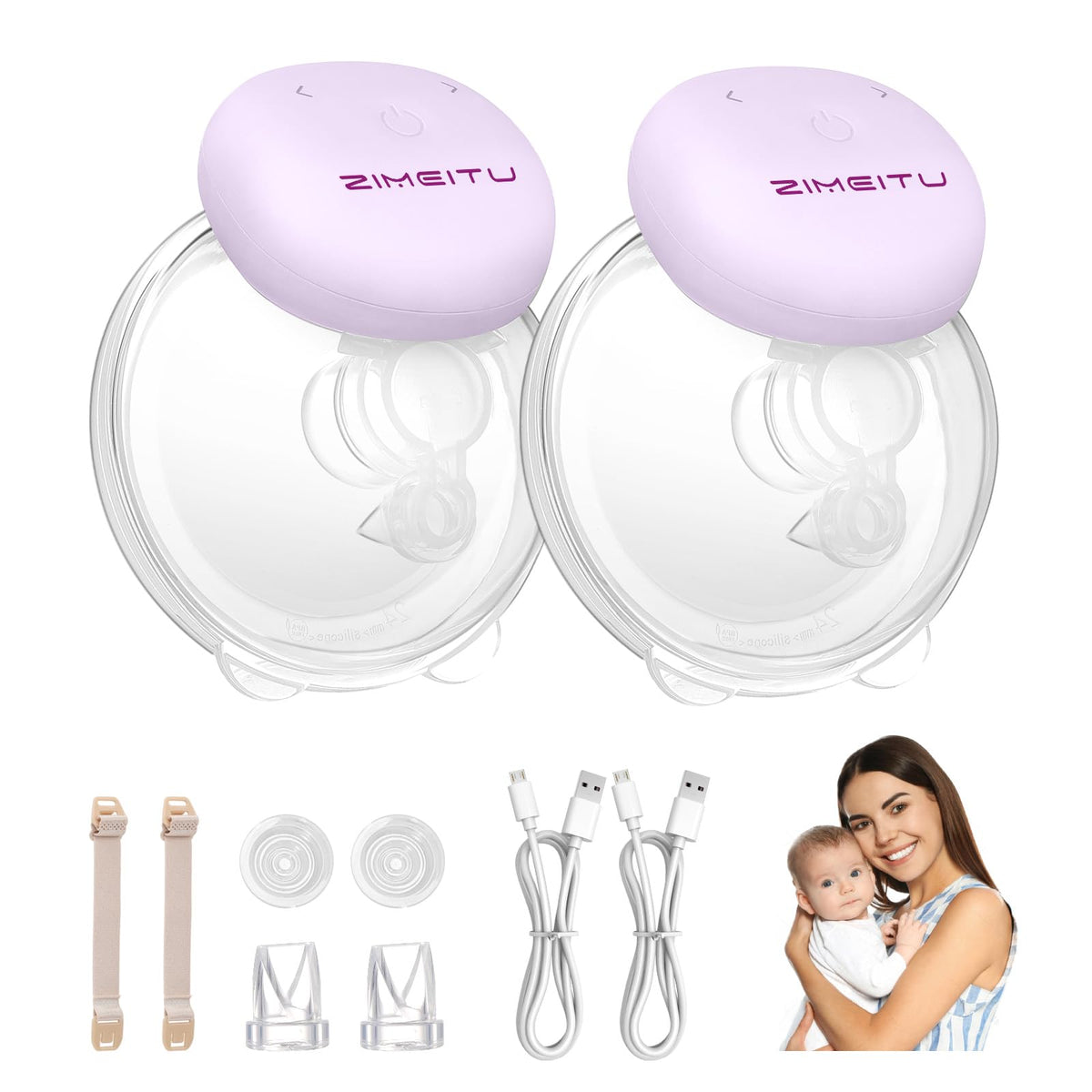 ZiMeiTu Hands Free Breast Pump Wearable Breast Pumps with 3 Modes & 15 Levels Electric Breast Pump Portable Electric Wearable Breastfeeding Pump -24 mm Flange Double Breast Pump Purple