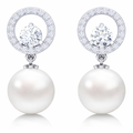 Silver Diamond Halo & Pearl Drop Earrings