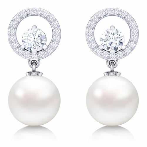 Silver Diamond Halo & Pearl Drop Earrings